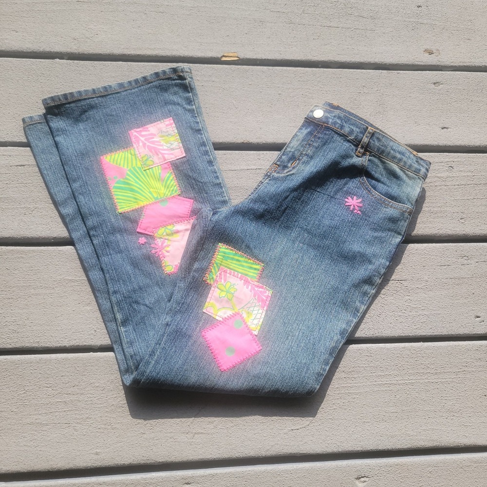 RARE Lilly Pulitzer Little Girl's Fabric Patchwork Embroidered Jeans 14 EUC